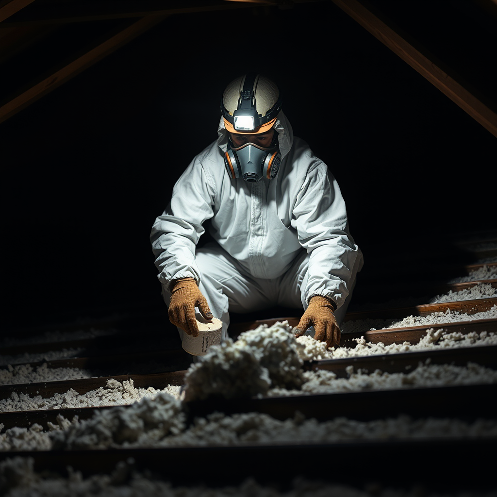 Specialist in PPE removing cured spray foam from an attic roof deck